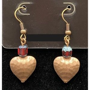 Metal Heart & Red with Blue Glass Bead Earrings by Neanie-Bot